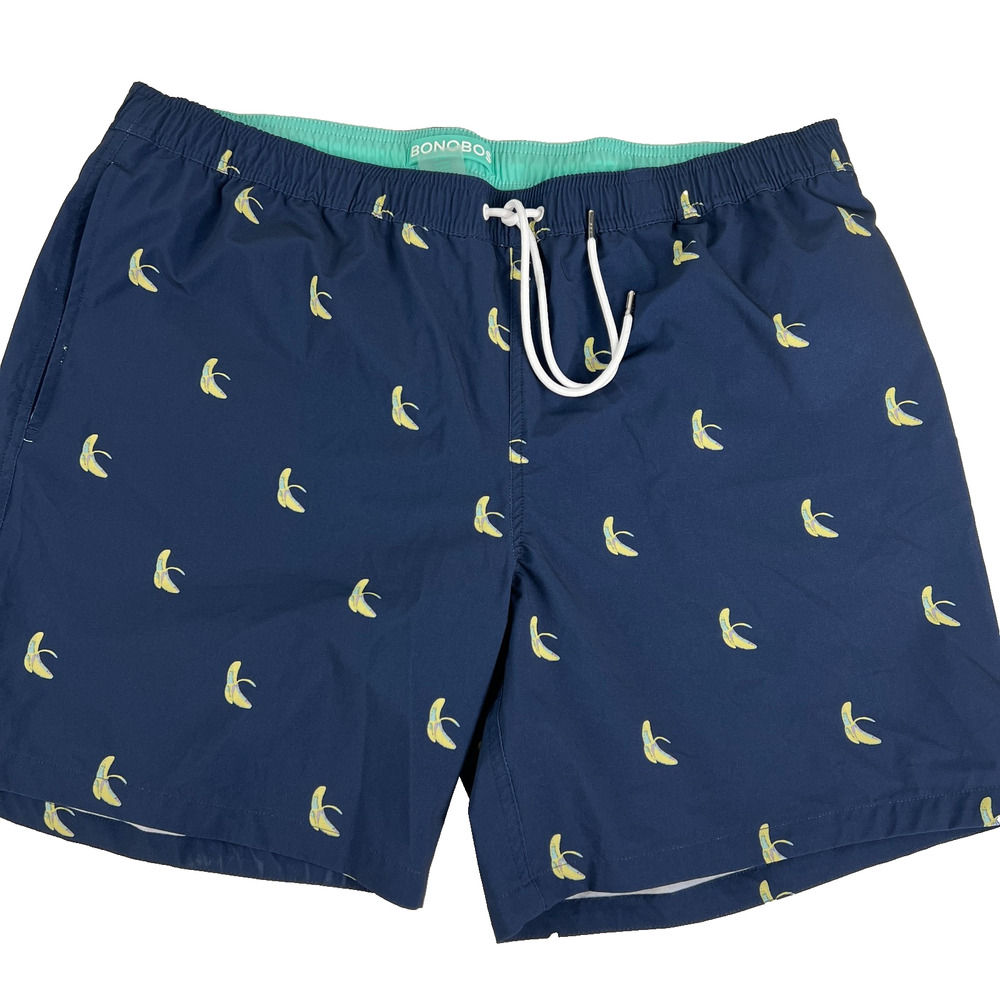 Bonobos Men’s Swim Trunks XL 7" Inseam Lined Banana Print Preppy Navy